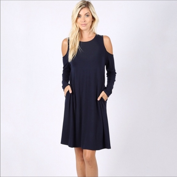 Dresses & Skirts - Navy Long Sleeve Cold Shoulder Dress